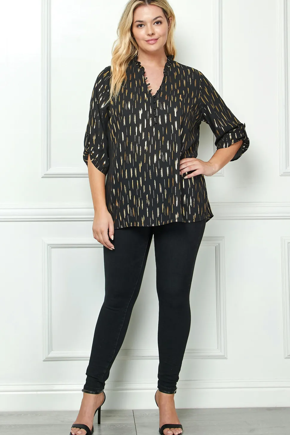 3/4 Button Tab Sleeve Covered Button + Loop on V-Neck Popover Rain Foil Print Blouse in Black - Plus