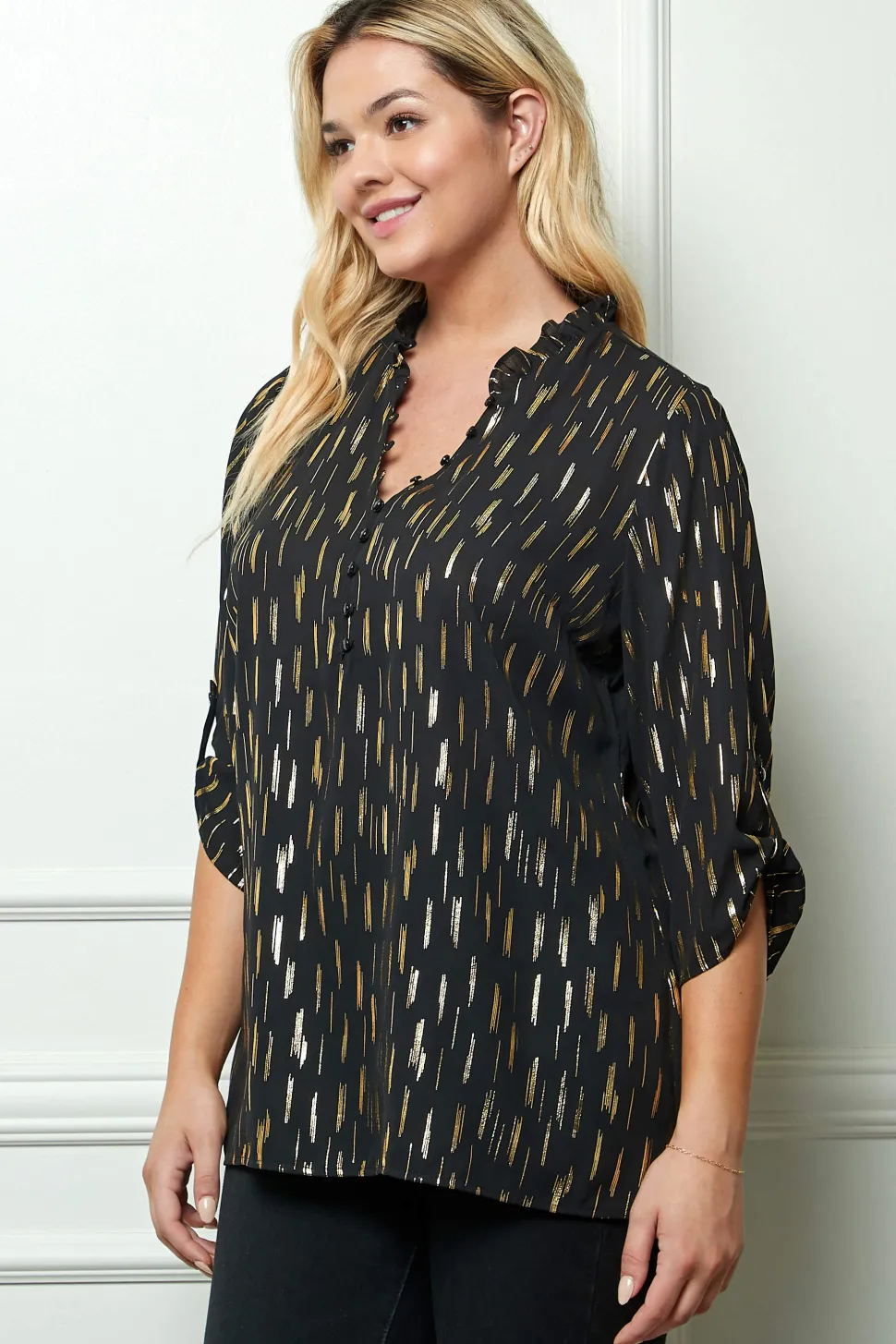 3/4 Button Tab Sleeve Covered Button + Loop on V-Neck Popover Rain Foil Print Blouse in Black - Plus