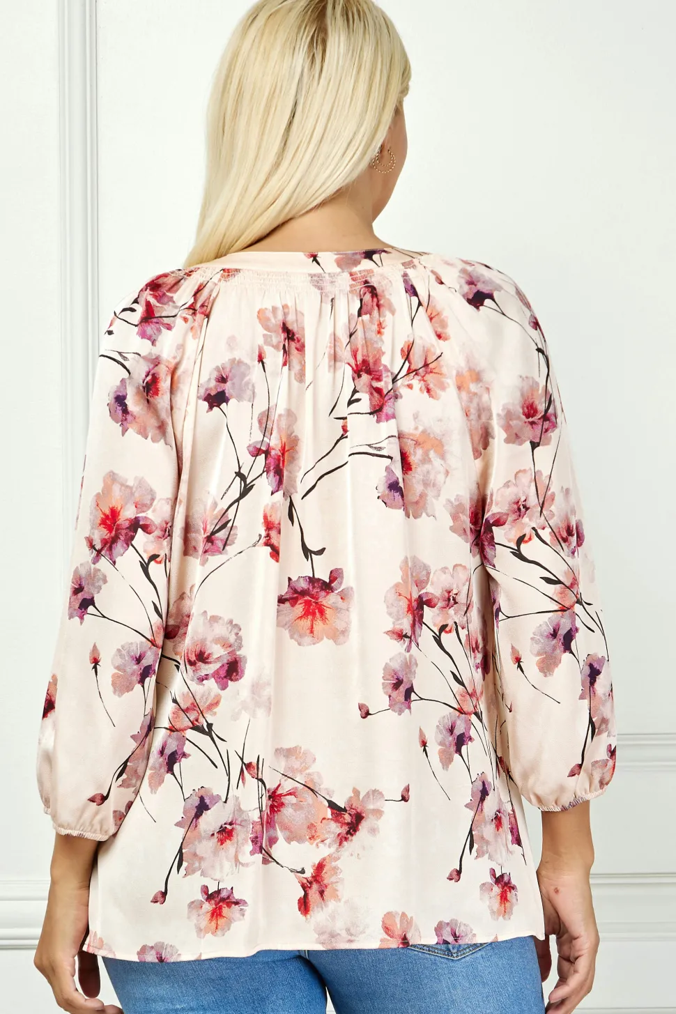 3/4 Elastic Cuff Sleeve Mandarin Collar Popover Blouse in Pink - Plus
