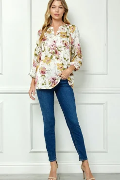 3/4 Elastic Cuff Sleeve Mandarin Collar Popover Blouse in Cream