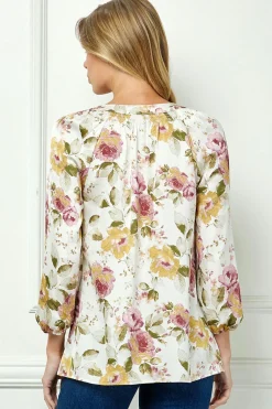 3/4 Elastic Cuff Sleeve Mandarin Collar Popover Blouse in Cream