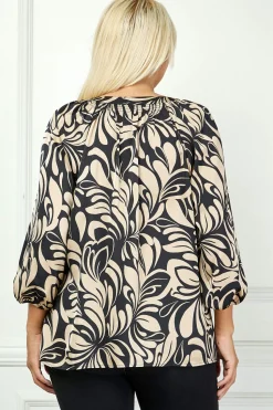 3/4 Elastic Cuff Sleeve Mandarin Collar Popover Blouse in Tan - Plus