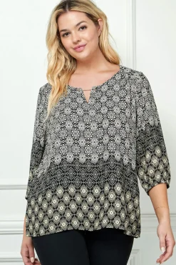 3/4 Elastic Sleeve Cutout Trim Front Neck Border Print Blouse in Black - Plus