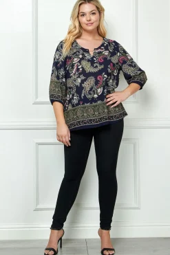 3/4 Elastic Sleeve Cutout Trim Front Neck Border Print Blouse in Navy - Plus