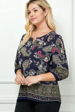 3/4 Elastic Sleeve Cutout Trim Front Neck Border Print Blouse in Navy - Plus