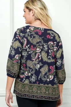 3/4 Elastic Sleeve Cutout Trim Front Neck Border Print Blouse in Navy - Plus