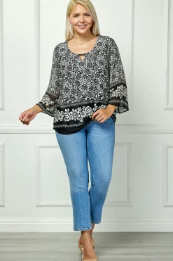 3/4 Flare Sleeve Cutout Trim Mix Media Blouse in Black - Plus
