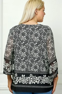3/4 Flare Sleeve Cutout Trim Mix Media Blouse in Black - Plus
