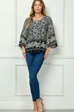 3/4 Flare Sleeve Cutout Trim Mix Media Blouse in Black