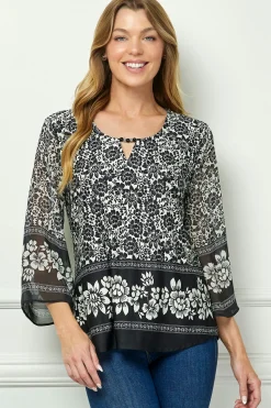 3/4 Flare Sleeve Cutout Trim Mix Media Blouse in Black