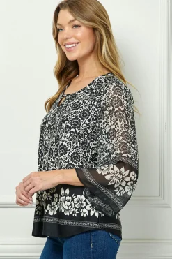 3/4 Flare Sleeve Cutout Trim Mix Media Blouse in Black