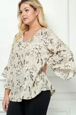 3/4 Ruffle Sleeve V-Neck Dash Foil Print Blouse in Beige - Plus