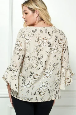 3/4 Ruffle Sleeve V-Neck Dash Foil Print Blouse in Beige - Plus