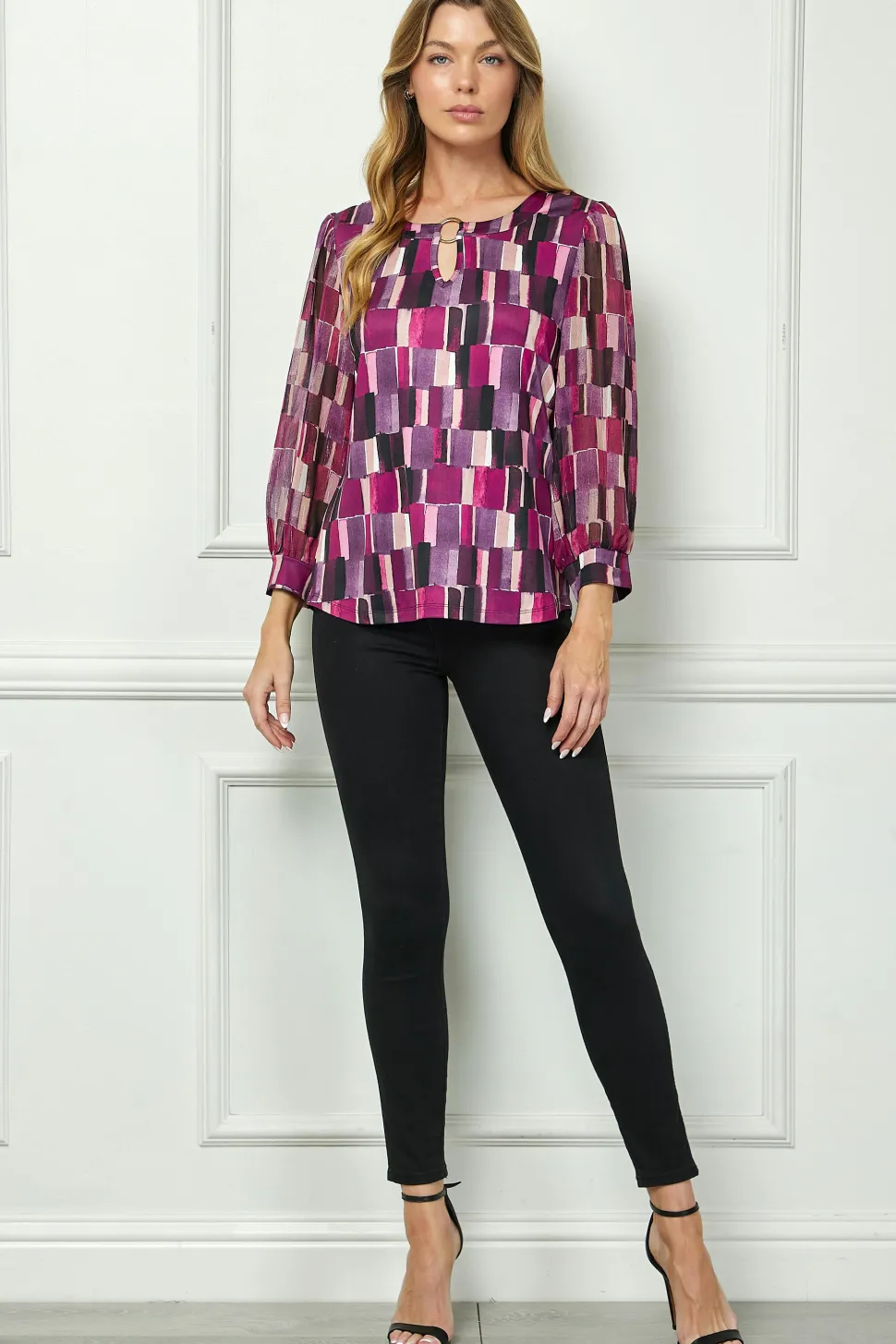3/4 Sleeve Cutout Trim Mix Media Blouse in Plum
