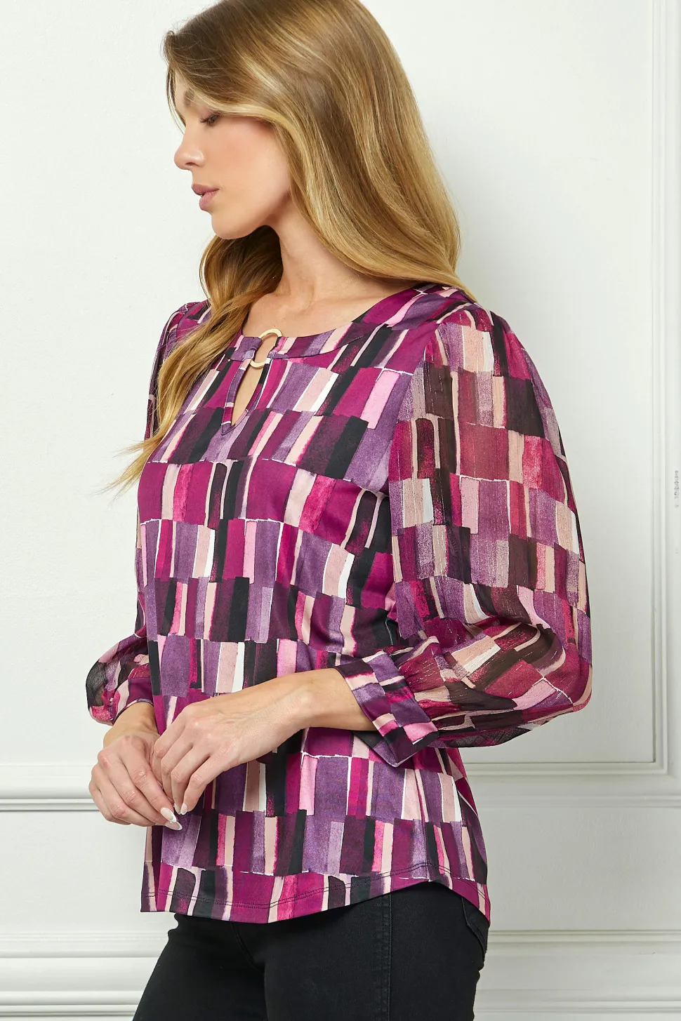 3/4 Sleeve Cutout Trim Mix Media Blouse in Plum
