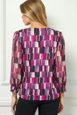 3/4 Sleeve Cutout Trim Mix Media Blouse in Plum