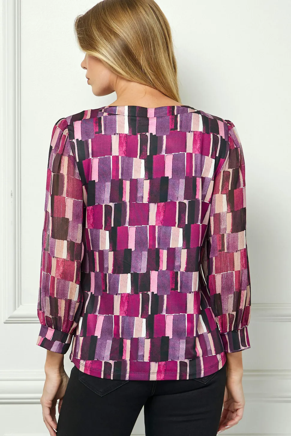 3/4 Sleeve Cutout Trim Mix Media Blouse in Plum