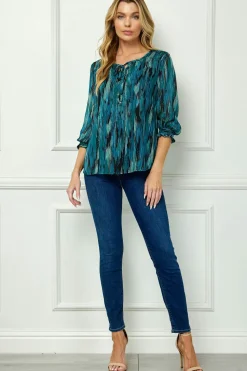 3/4 Smock Sleeve & Shoulder, Beaded Tie Front Neck Blouse in Teal