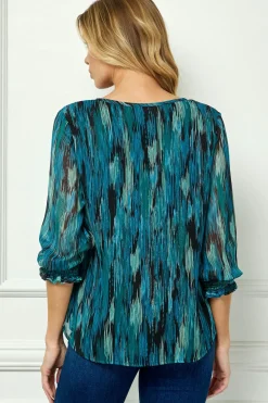 3/4 Smock Sleeve & Shoulder, Beaded Tie Front Neck Blouse in Teal