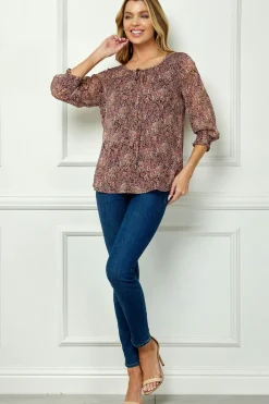 3/4 Smock Sleeve & Shoulder, Beaded Tie Front Neck Blouse in Burgundy