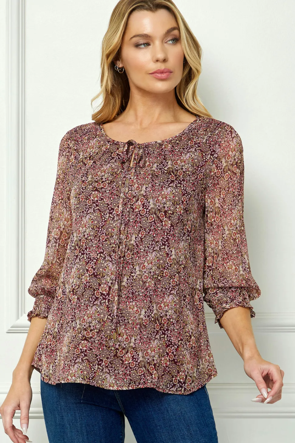 3/4 Smock Sleeve & Shoulder, Beaded Tie Front Neck Blouse in Burgundy