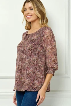 3/4 Smock Sleeve & Shoulder, Beaded Tie Front Neck Blouse in Burgundy