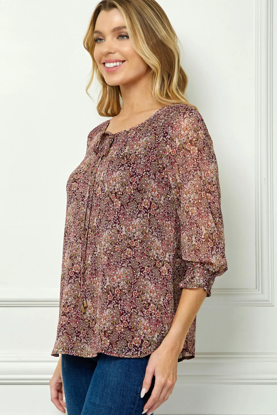 3/4 Smock Sleeve & Shoulder, Beaded Tie Front Neck Blouse in Burgundy