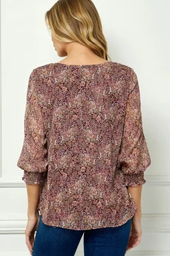 3/4 Smock Sleeve & Shoulder, Beaded Tie Front Neck Blouse in Burgundy