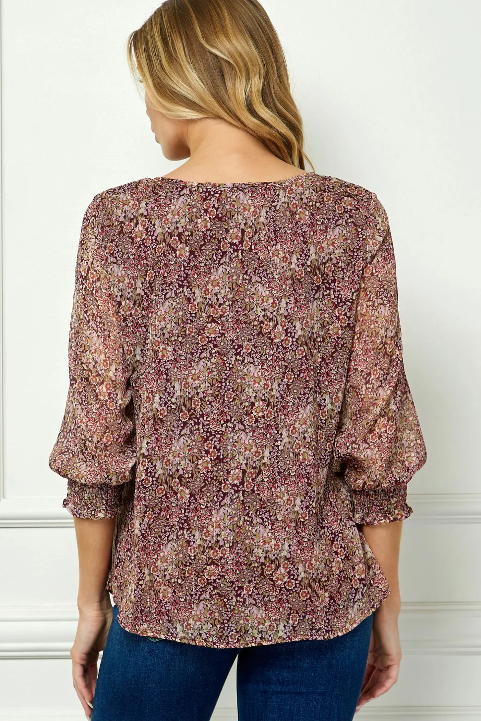3/4 Smock Sleeve & Shoulder, Beaded Tie Front Neck Blouse in Burgundy