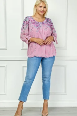 3/4 Tie Sleeve Pleat Neck Bubble Blouse in Pink - Plus