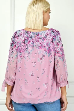 3/4 Tie Sleeve Pleat Neck Bubble Blouse in Pink - Plus