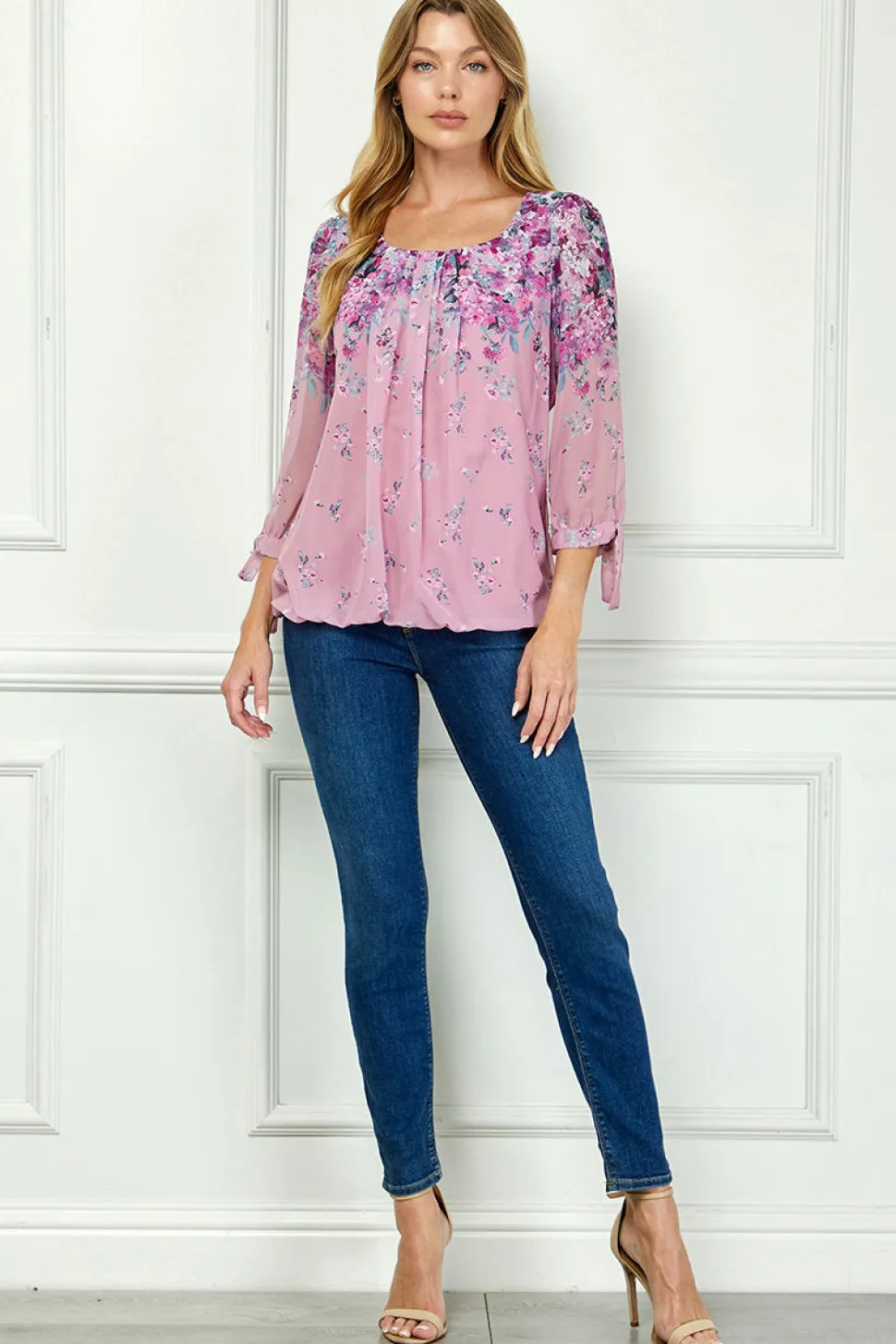 3/4 Tie Sleeve Pleat Neck Bubble Blouse in Pink
