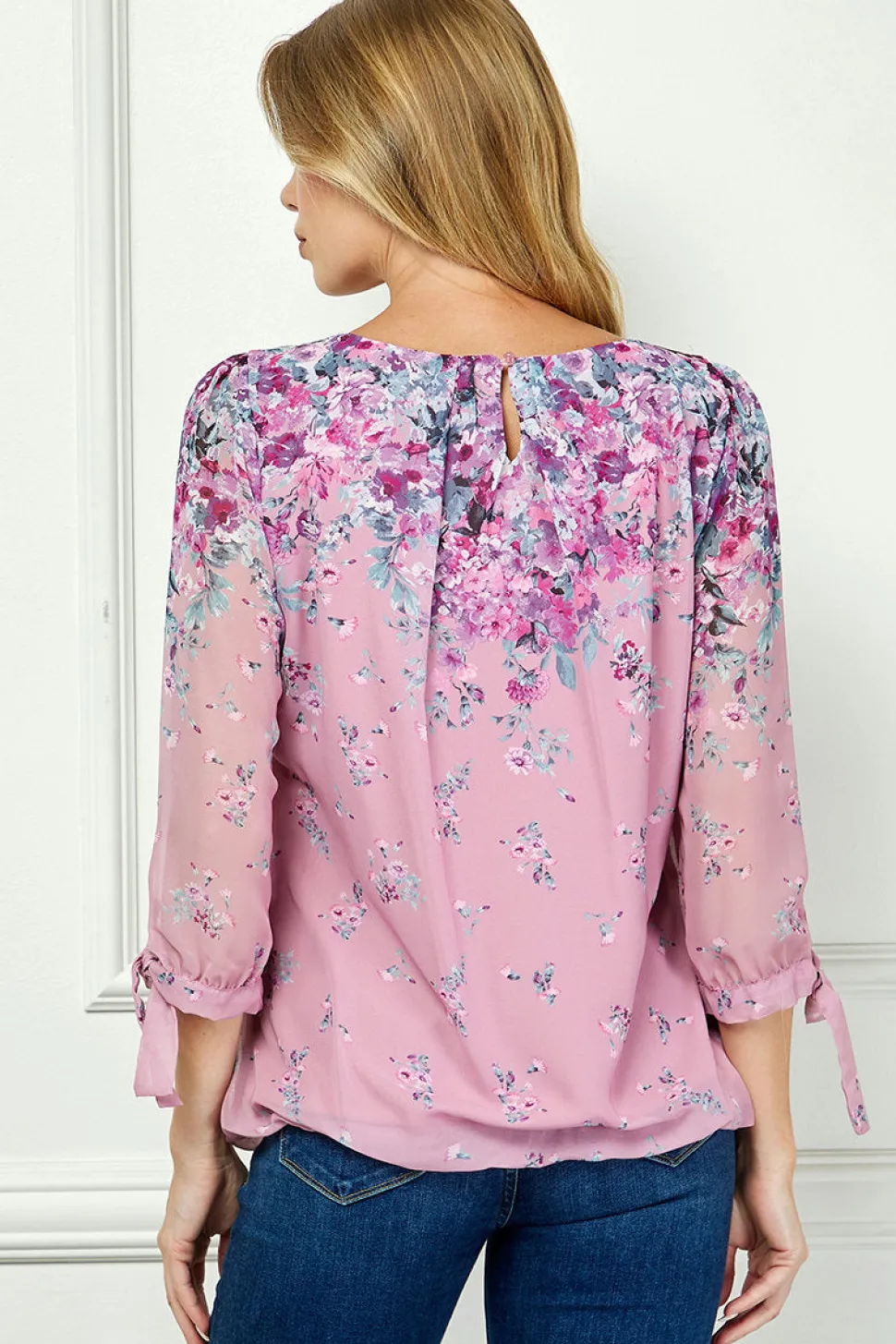3/4 Tie Sleeve Pleat Neck Bubble Blouse in Pink