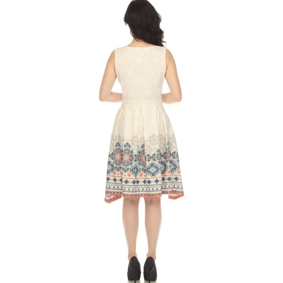 Beige Border Print Fit and Flare Knee Length Dress