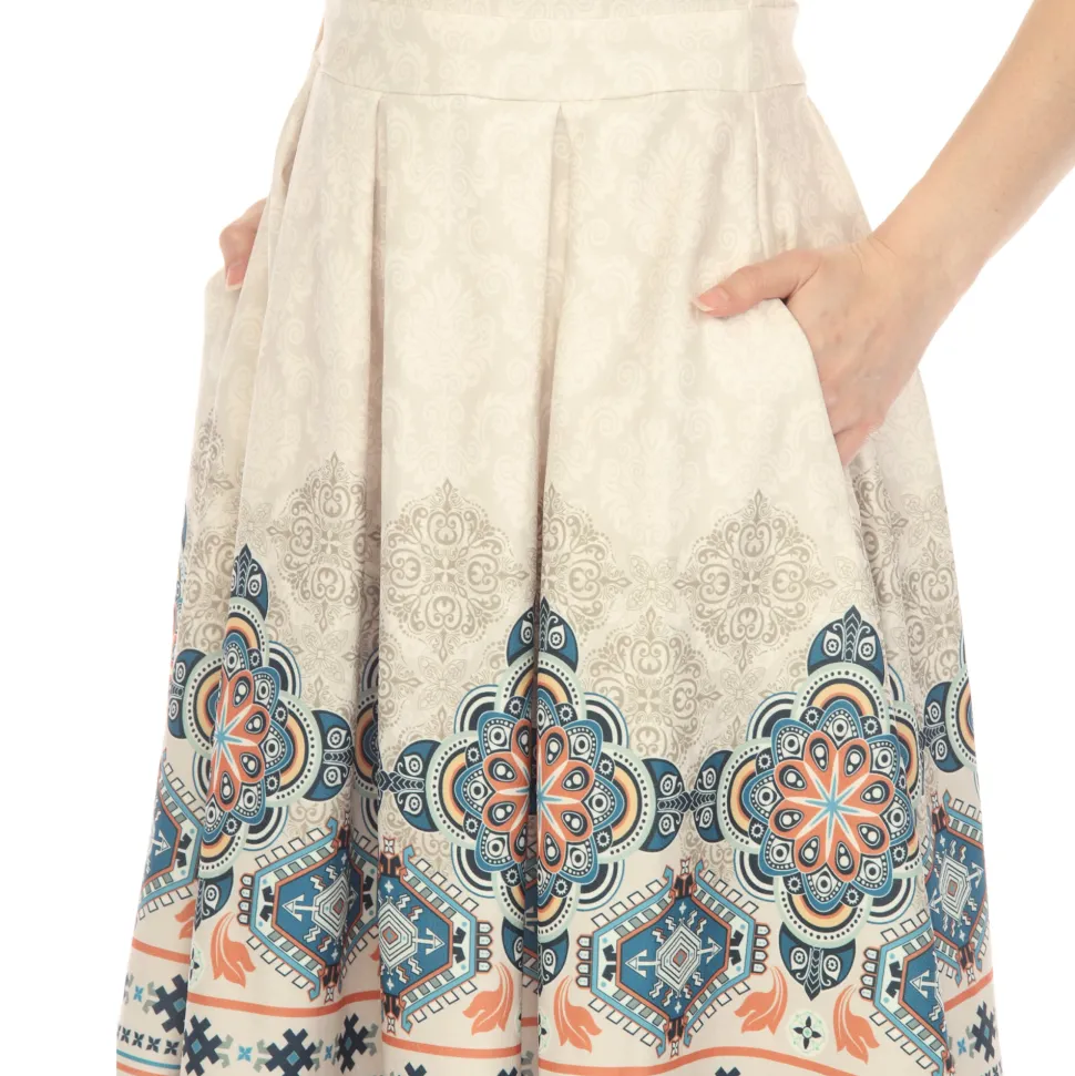 Beige Border Print Fit and Flare Knee Length Dress