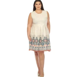 Beige Border Print Fit and Flare Knee Length Dress - Plus