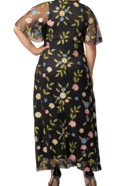 Black Blossom Print Embroidered Elegance Evening Gown - Plus