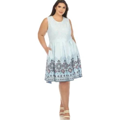 Blue Border Print Fit and Flare Knee Length Dress - Plus