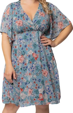 Blue Garden Print Florence Flutter Sleeve Dress - Plus