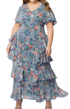 Blue Garden Print Tour de Flounce Chiffon Gown - Plus