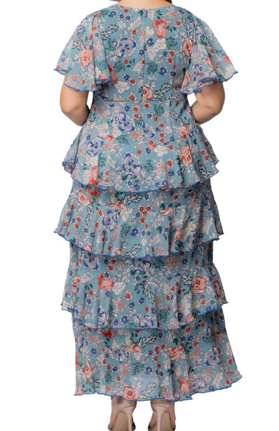Blue Garden Print Tour de Flounce Chiffon Gown - Plus