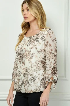 Bubble Hem 3/4 Tie Sleeve Blouse - Eggshell