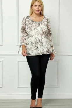 Bubble Hem 3/4 Tie Sleeve Blouse - Beige - Plus