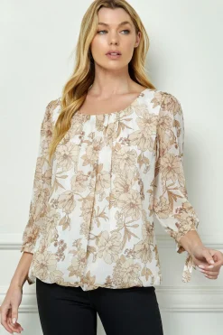Bubble Hem 3/4 Tie Sleeve Blouse - Ivory/Tan