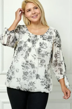 Bubble Hem 3/4 Tie Sleeve Blouse - Black/White - Plus