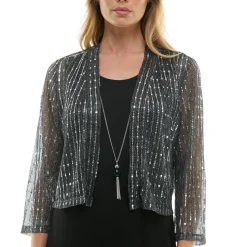 2Fer Jacket Tank Dress w/ Detachable Necklace, Silver/Black