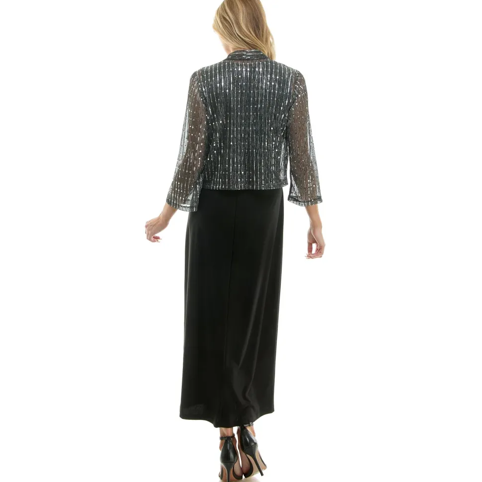2Fer Jacket Tank Dress w/ Detachable Necklace, Silver/Black