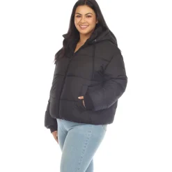 Full Front Zip Hooded Bomber Puffer Coat - Plus