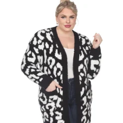Leopard Print Open Front Sherpa Coat - Plus