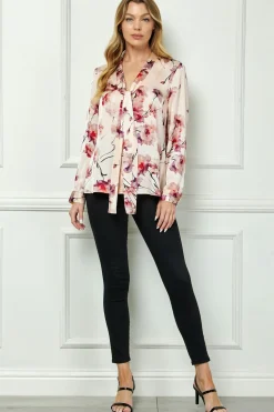 Long Cuff Sleeve Tie Neck Button Blouse in Pink